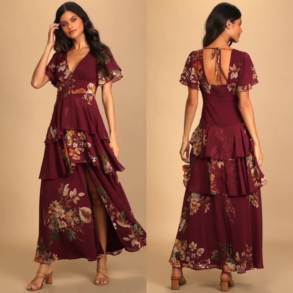 Lulus Midnight Mood Burgundy Floral Print Tiered Maxi Dress XL Wedding Party
